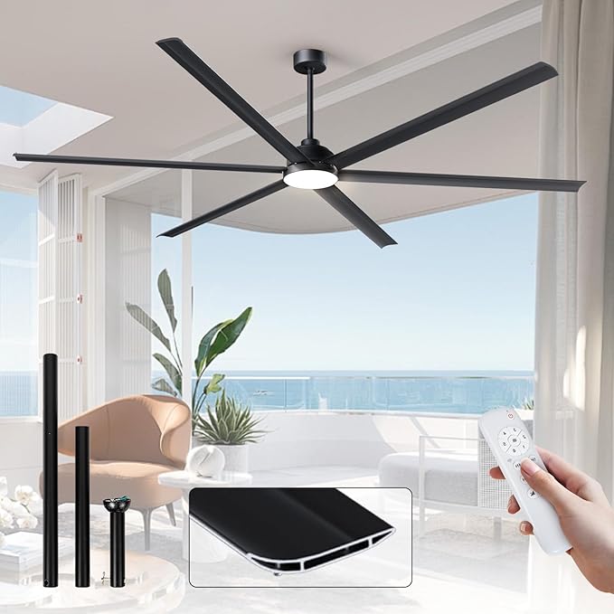 100 Inch Large Industrial HVLS Ceiling Fan with 6 Black Double-Layer Aluminum Blades,High CFM Ceiling Fan with Light and Remote,12/24/36in Downrod,Quiet DC Motor Outdooor Fan for Patio