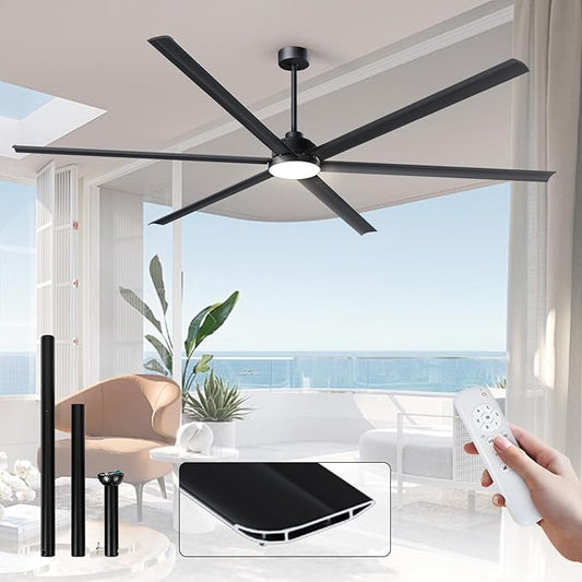 100 Inch Large Industrial HVLS Ceiling Fan with 6 Black Double-Layer Aluminum Blades,High CFM Ceiling Fan with Light and Remote,12/24/36in Downrod,Quiet DC Motor Outdooor Fan for Patio