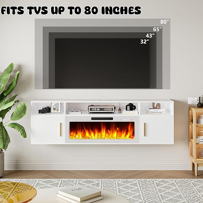 LEMBERI Floating Fireplace TV Stand 70'' Wall Mounted Shelf, LED Light Entertainment Center and Storage, Modern Wood Media TV Console with Highlight (White with White Fireplace)
