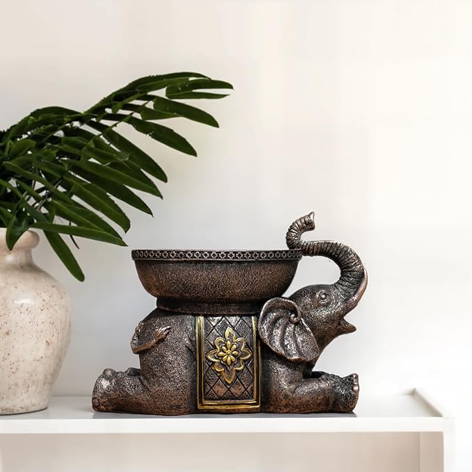 Elephant Decor Resin Sculpture with Tray – Antique Style Animal Figurine for Home, Office, Bookshelf, TV Stand – Unique Gift for Women, Moms, Friends(Copper Elephant Tray)