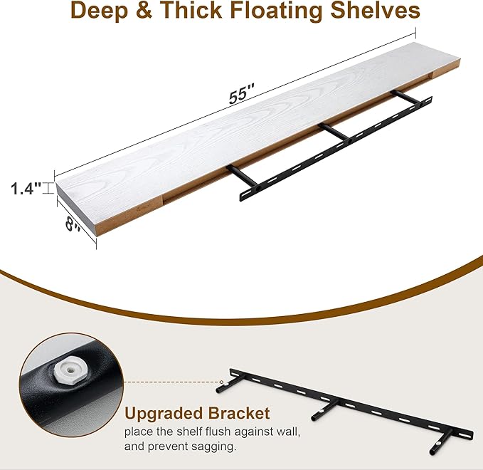 Fun Memories Deep White Floating Shelves, 8 Inch Deep Floating Shelf for Wall, Rustic White Wall Shelves 55 Inch Long, Large 55 x 8 Storage Shelves for Living Room, Bedroom, Kitchen