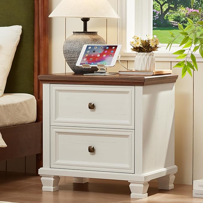Farmhouse Nightstand with Charging Station, Rustic Low Night Stand with 2 Drawers, Mid-Century Modern End Table with 4 Square Solid Wood Legs, Small Dresser for Bedroom, Home, White