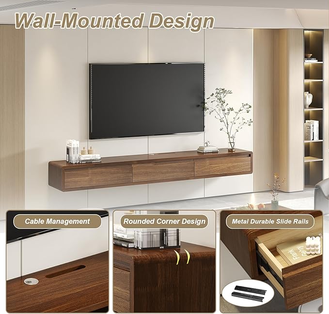 Solid Wood Floating TV Stand, Wall Mounted Entertainment Center with 2 Drawers, Floating TV Shelf for Living Room Bedroom & Office (Walnut, 71in)