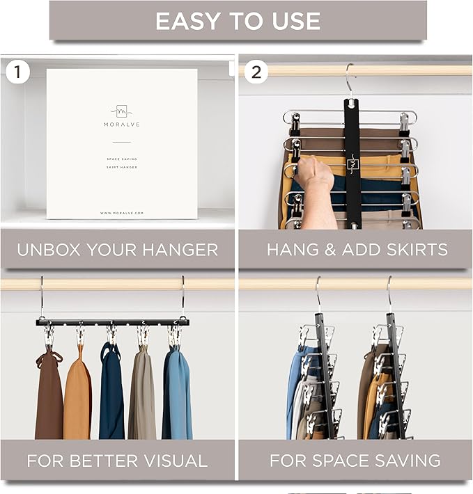 MORALVE Skirt Hangers Space Saving with Clips - 2 Pack - European Beechwood 5-Tier Hanger for Shorts, Skirts, and Pants - Closet Organizer and Storage Solution for Women with 360° Swivel Hook