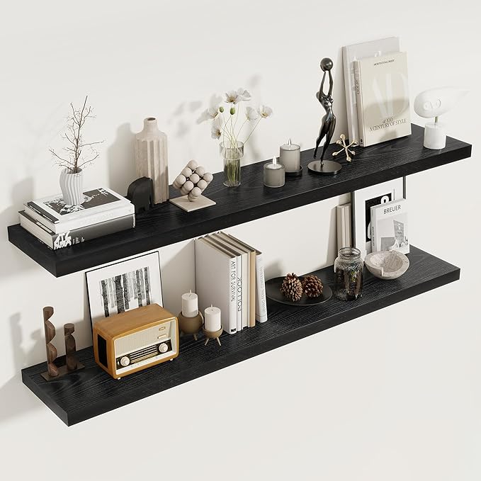 Fun Memories 55 Inch Floating Shelves for Wall 2 Pack Shelves for Bedroom|Kitchen|Bathroom Wall Mounted Rustic Wood Floating Shelf with Invisible Brackets for Books|Storage|Decor, Black