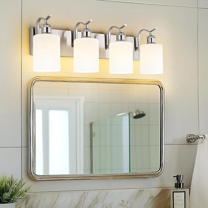 Milk Glass Bathroom Light, 4-Light Vanity Light Fixture, Brushed Nickel Wall Sconce, VL01BNW-4