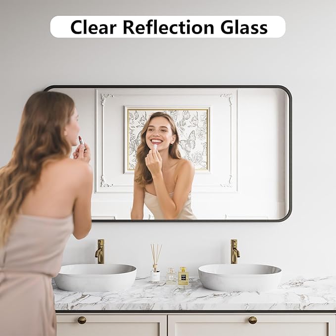 Bathroom Mirror, 30X55 Inch Black Metal Framed Mirror for Bathroom, Tempered Glass, Anti-Rust, Rounded Rectangle Mirror for Restroom, Bedroom, Black