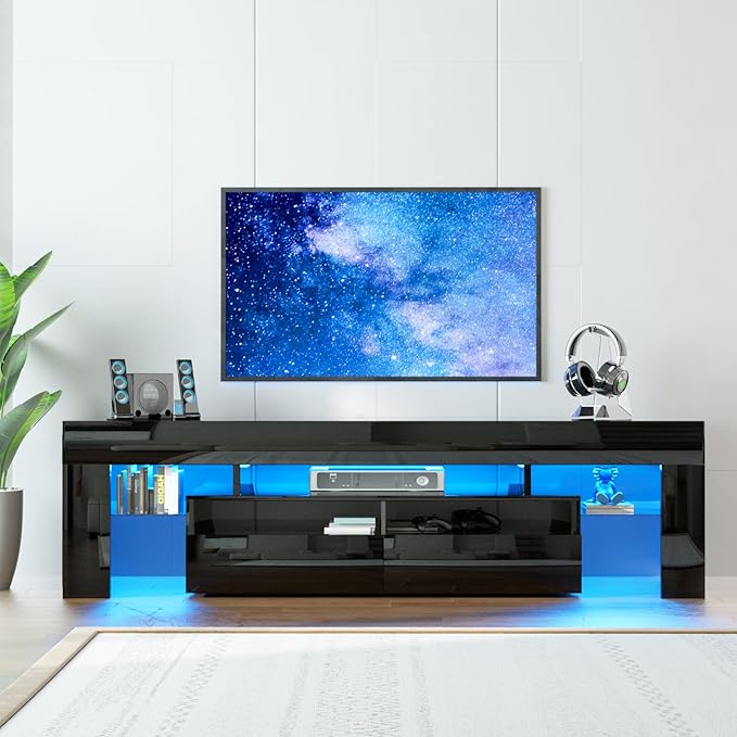 TV Stand with 16 Color LED Lights, Media Console with Drawer and Glass Open Shelf for 60/65/70 inch TV, Modern Gloss Entertainment Center for Living Room, Black