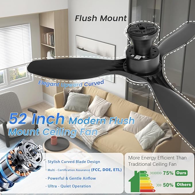 52" Ceiling Fan with Light and Remote, Flush Mount Ceiling Fan with 3 Blades, Low Profile Fan, 3 Color Dimmable Lights, 6 Speed, Queit DC Motor, Black Fan for Bedroom/Indoor/Outdoor/Living Room