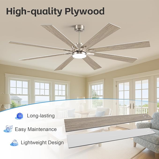 72" Outdoor Ceiling Fans for Patios with Light, Large Modern Industrial Ceiling Fan with Quiet Reversible DC Motor, High CFM Indoor Exterior Ceiling Fan for Garage Office Outside Shop, Nickel & Oak