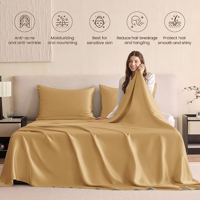 THXSILK Silk Sheet Set 4Pcs, 6A+ Top Grade 100% Pure Mulberry Silk Bed Sheets Ultra Soft Durable Luxury Bedding Sets, 1 Fitted Sheet, 1 Flat Sheet and 2 Pillowcases (Twin, Metallic Gold)