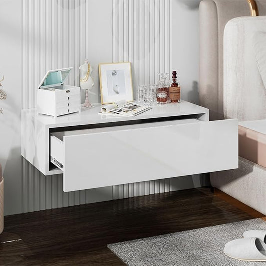White Modern Floating Wall Mounted Nightstand with Drawer Storage Wood Bedside Table Small Wall Shelf for Bedroom Living Room
