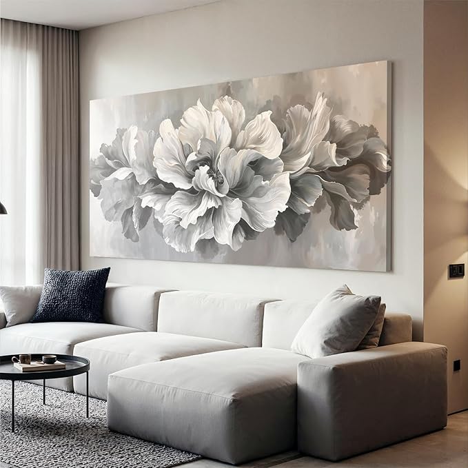 Canvas Wall Art Decor Oversized White Flower Wall Decor For Living Room Pictures Art Decoratives Prints Modern Aesthetics artwork Gray Floral Wall Art For Home Bedroom Office Room Wall Decor 29×58 In
