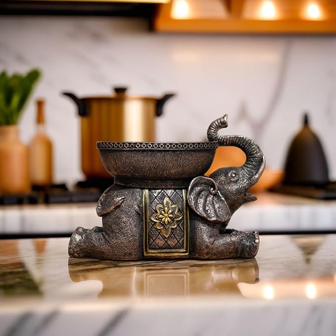 Elephant Decor Resin Sculpture with Tray – Antique Style Animal Figurine for Home, Office, Bookshelf, TV Stand – Unique Gift for Women, Moms, Friends(Copper Elephant Tray)