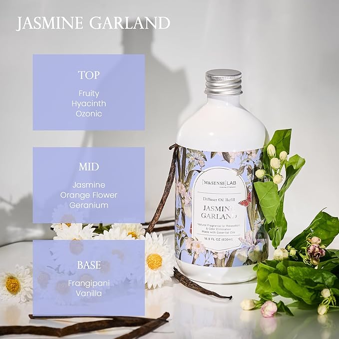 M&SENSE Reed Diffuser Oil Refill, 16.9oz (500ml) with 10 Hollow Reed Sticks, Jasmine Garland Scent Home Fragrance, Scented Oil Refills, Natural Essential Oils for Diffusers, Décor for Home Spa Office