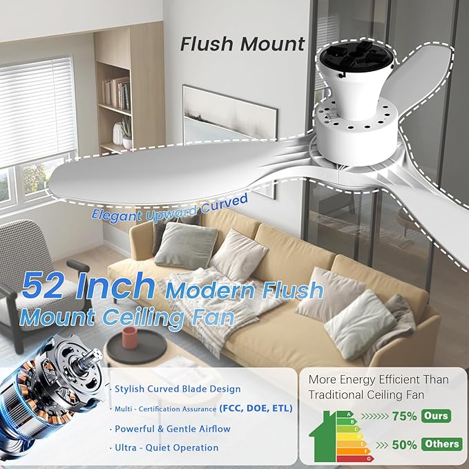 52" White Ceiling Fan with Light and Remote, Flush Mount Low Profile Ceiling Fans, Ceiling Fan with Dimmable LED Lights, 6 Speed, Silent Reversible DC Motor,White Fan for Bedroom/Living Room/Patios