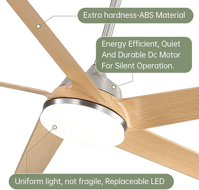 Sofucor 52 Inch Ceiling Fans with Lights and Remote Control-Modern Outdoor 5 ABS Blades Ceiling Fan, Dimmable 3-Color LED,Quiet DC Motor for Bedroom/Farmhouse/Indoor,Brushed Nickel&Natural Wood