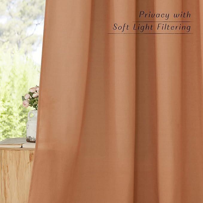 NICETOWN Burnt Orange Short Linen Curtains for Kitchen, Thick Flax Small Window Treatments Semi Sheer Privacy Assured with Light Through for Cafe/Bathroom, W42 x L48, 2 Panels