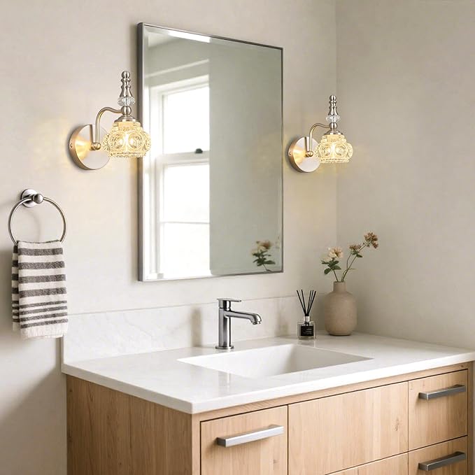 Modern Wall Sconce Set of Two Indoor Wall Lamp Nickel Vintage Wall Sconces Glass Wall Light Bathroom Vanity Light Fixture Wall Mounted Room Sconce Wall Lighting