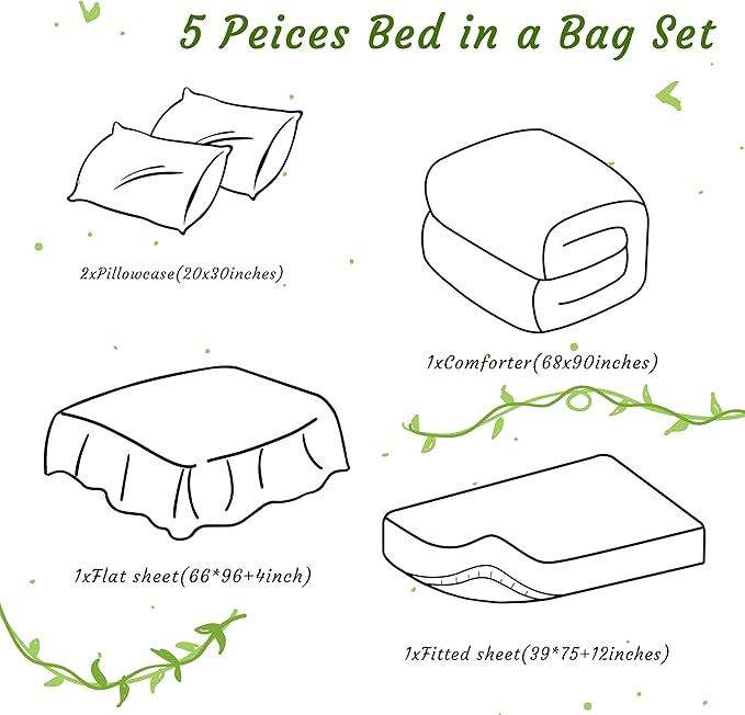 NTBAY Twin Comforter Set with Sheets, 5 Pieces Soft and Breathable Twin Bedding Set, Twin Bed in a Bag, Down Alternative Comforter Set Solid Color All Season, Kids Bedding Set, White