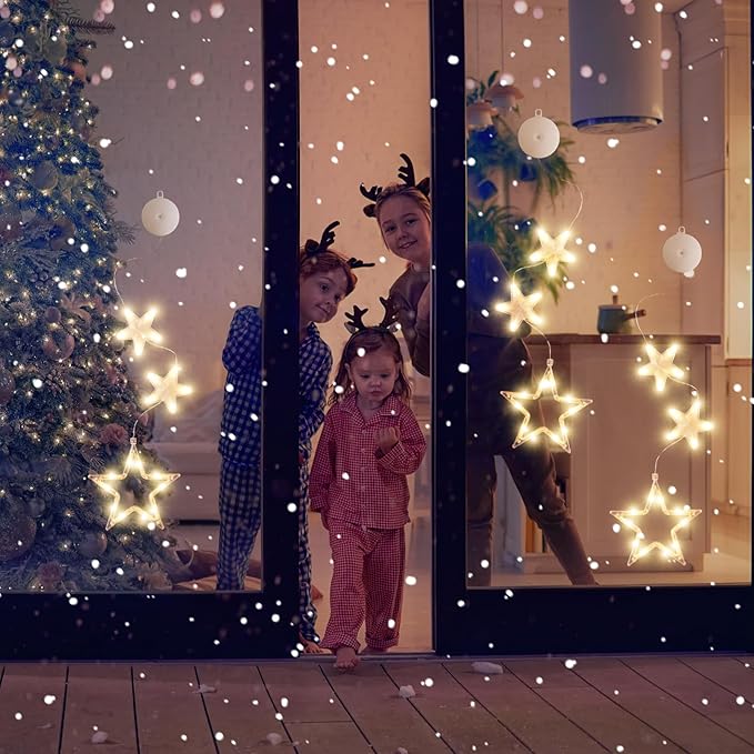 [Timer 3Pcs Christmas Window Lights Decorations,Battery Powered Christmas Hanging Warm White Lighted Tree Bell Star Shaped LED Sucker for Xmas Tree Fireplace Indoor Outdoor Decor