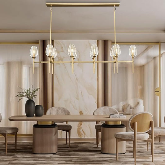 Modern Crystal Chandelier 10 Lights Brass, 65in Gold Rectangle Tulip K9 Crystal Chandeliers, Large Chandelier Ceiling Light for Dining Living Room Bedroom Entryway, E12 Bulbs Included