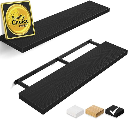 BAYKA Floating Shelves, 36 inch Wall Mounted Rustic Wood Shelves for Bathroom, Bedroom, Living Room, Kitchen, Office, Hanging Shelf for Books/Storage/Decor(Black,Set of 2)