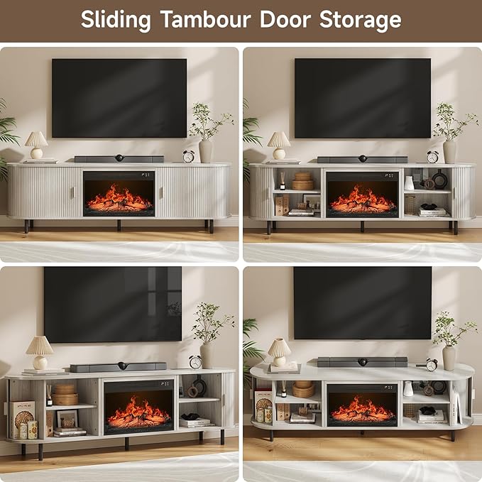 70.8" Fluted Fireplace TV Stand with 23" Electric Fireplace, Modern Chic Entertainment Center for TVs Up to 80 inches, Wooden Curved Media Console with Sliding Doors for Living Room, White Oak