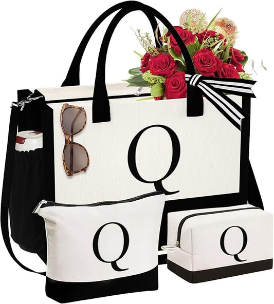 YOOLIFE Christmas Gifts for Women - Initial Canvas Tote Bag & Makeup Bag, Birthday Gifts for Women Mom Sister Friends