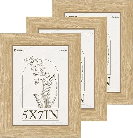 5x7 Picture Frame Set of 3 - Light Wood, Natural Oak Wood Photo Frame with HD Tempered Glass, Tabletop Display