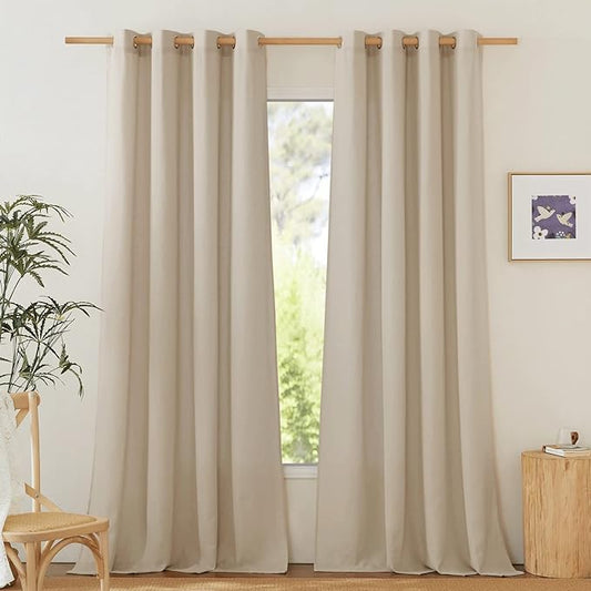 NICETOWN Rustic Linen 102 inch Long Curtains for Living Room, Grommet Privacy Added Thick Linen Weave with Light Filter Window Curtains & Drapes for Bedroom, Angora, W55 x L102, 2 Panels