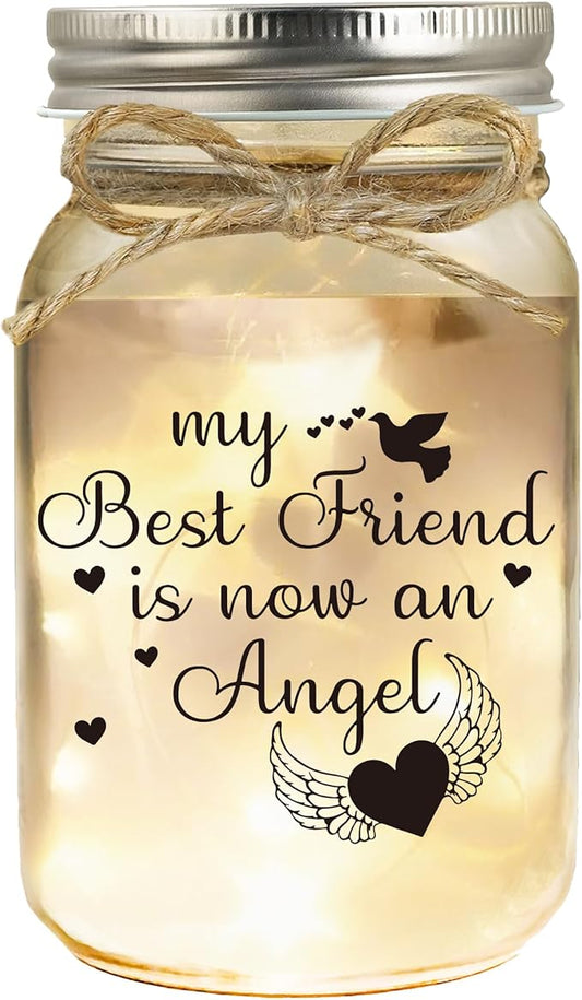 Memorial Gifts Mason Jar Light, Loss of Best Friend, in Memory of BFF, Angel Friend, Heart and Wings, Thoughtful Sympathy, Remembrance Gift