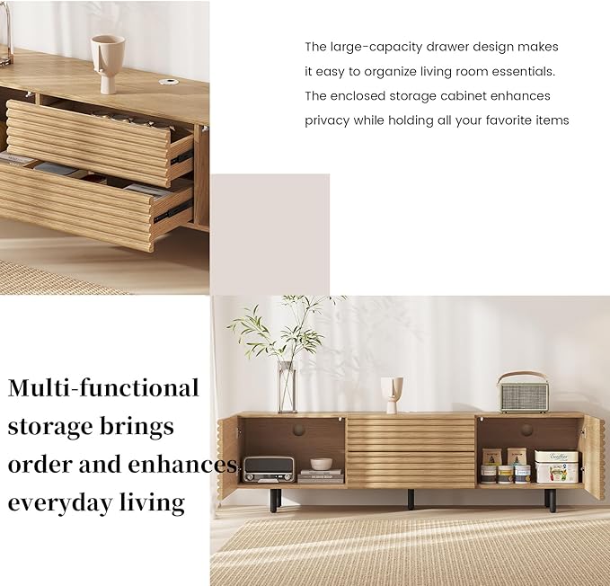 Mid-Century Modern Television Stand, Media Console with Storage Doors, Entertainment Center for TVs up to 60 Inch, Fluted TV Consoles for Living Room,Bedroom