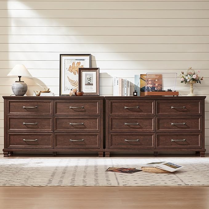 Farmhouse Espresso 6 Drawer Dresser for Bedroom, 54 inch Wide Vintage Large Chest of Drawers with Wood Legs, Rustic TV Console for Living Room, Walnut Wooden Storage Closet Dressers