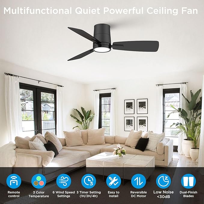 Ceiling Fans with Lights,42 inch,Quiet Reversible Motor,Easy to Install,6 Speeds,3CCT,Timer, Black Modern Ceiling Fan for Living Room, Bedroom, Kitchen, Dining room, Office