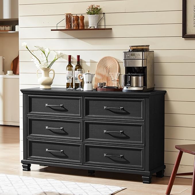 Farmhouse Black 6 Drawer Dresser for Bedroom, 54 inch Wide Vintage Large Chest of Drawers with Square Wood Legs, Rustic TV Console for Living Room, Wooden Storage Closet Dressers for Home
