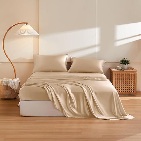 THXSILK Silk Sheet Set 5Pcs, 6A+ Top Grade 100% Pure Mulberry Silk Bed Sheets, Ultra Soft Durable Luxury Bedding Sets, 2 Fitted Sheet, 1 Flat Sheet and 2 Pillowcases (Split King, Champagne)