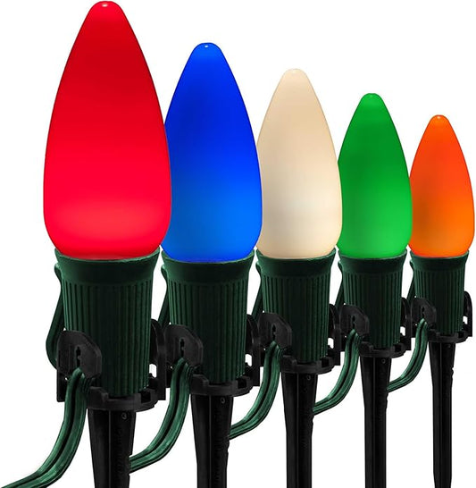 25’ OptiCore LED Multicolor Smooth/Opaque Pathway Christmas Lights, C9 Outdoor Driveway Lights, 5” Stakes, Green Wire