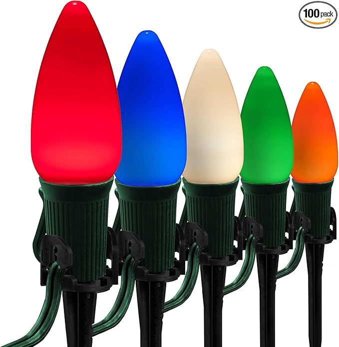 Wintergreen Lighting 100’ OptiCore LED Multicolor Smooth/Opaque Christmas Pathway Lights, C9 Outdoor Driveway Lights, 4.5” Stakes, Green Wire Plug String Lights