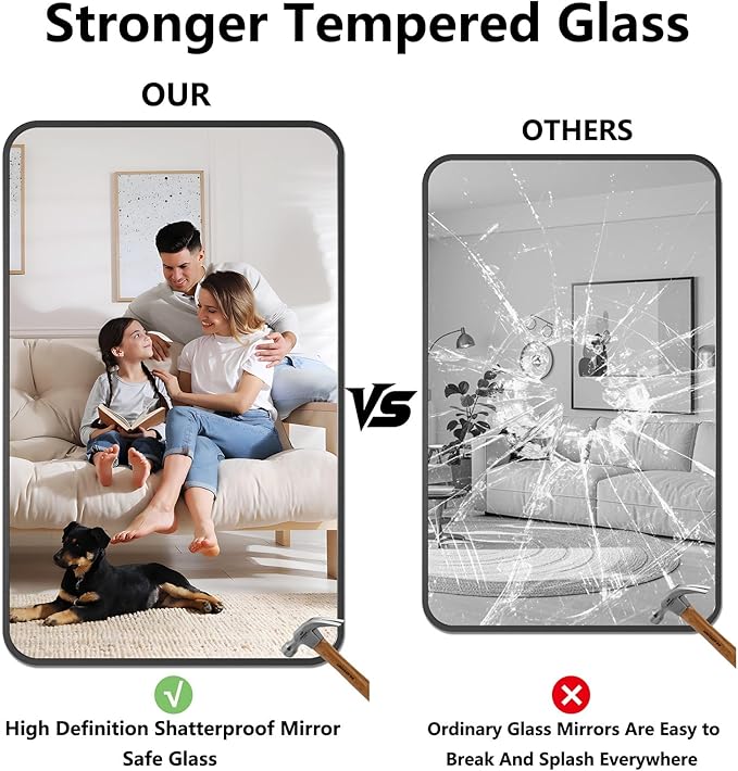 Bathroom Mirror, 30X48 Inch Black Metal Framed Mirror for Bathroom, Tempered Glass, Anti-Rust, Rounded Rectangle Mirror for Restroom, Bedroom, Black