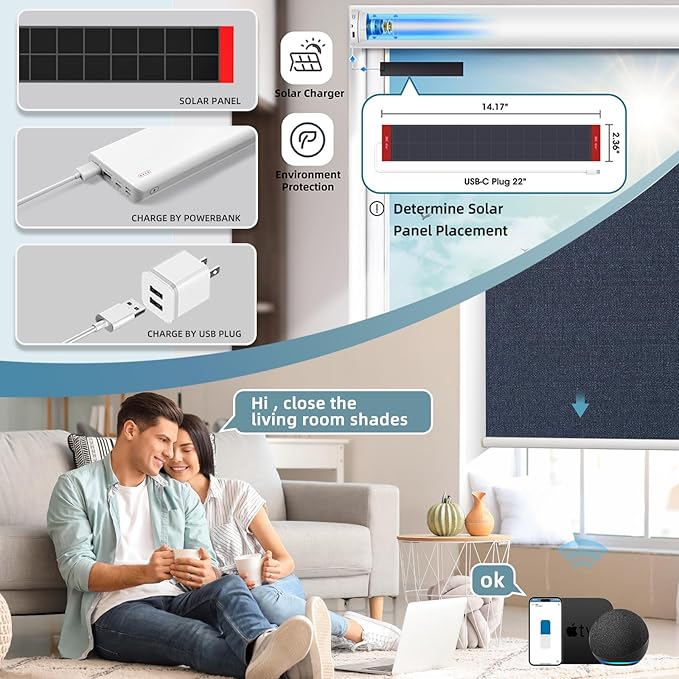 SmartWings Motorized Roller Blinds Work with Matter Homekit Z-Wave Thread Alexa Google, 100% Blackout Smart Window Shades for Bedroom, Cordless Remote Control Customized 16"-110" W, Eclipse Denim