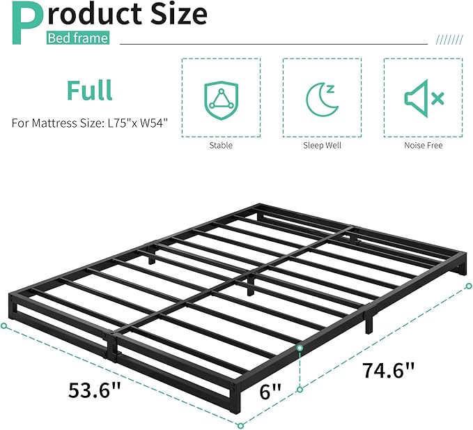 6 Inch Full Size Bed Frame No Box Spring Needed, Heavy Duty Metal Platform Beds with Sturdy Steal Slats for Mattress Foundation, Easy Assembly, Noise Free, Black