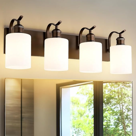 4 Light Bathroom Vanity Light, Morden Bathroom Lighting Fixtures Over Mirror Oil Rubbed Bronze Modern Wall Sconce with Milky White Frosted Shade ZCVL01ORBW-4