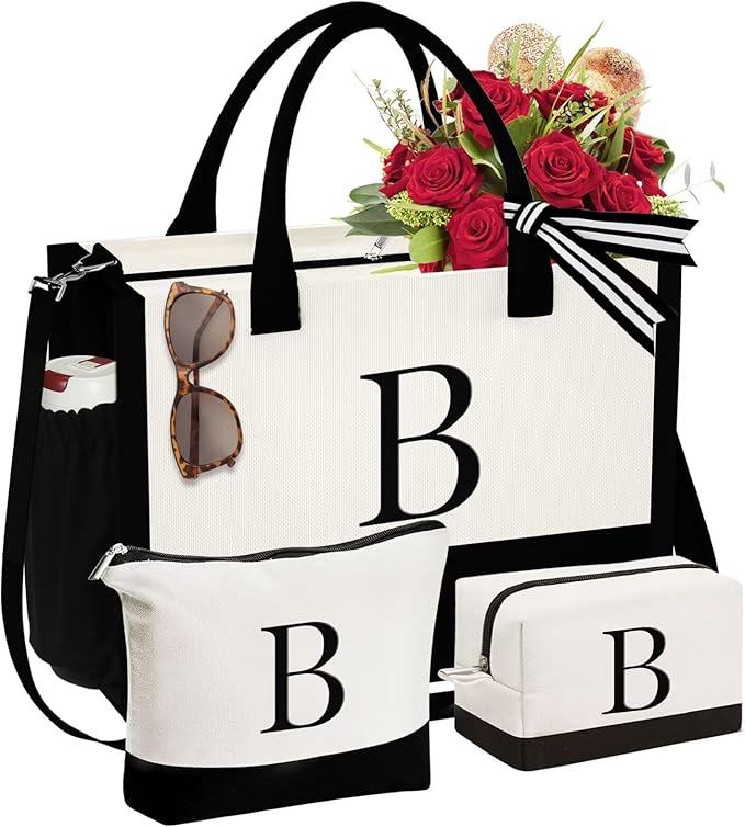 YOOLIFE Christmas Gifts for Women - Initial Canvas Tote Bag & Makeup Bag, Birthday Gifts for Women Mom Sister Friends