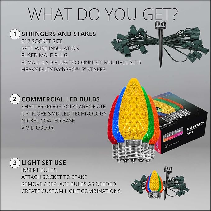 Wintergreen Lighting 25 OptiCore LED C9 Multicolor Pathway Christmas Lights, Heavy Duty Bulbs for Driveway, Walkway Marker, 5" Commercial PathPRO Stakes, 18 Gauge Green Wire, 25'