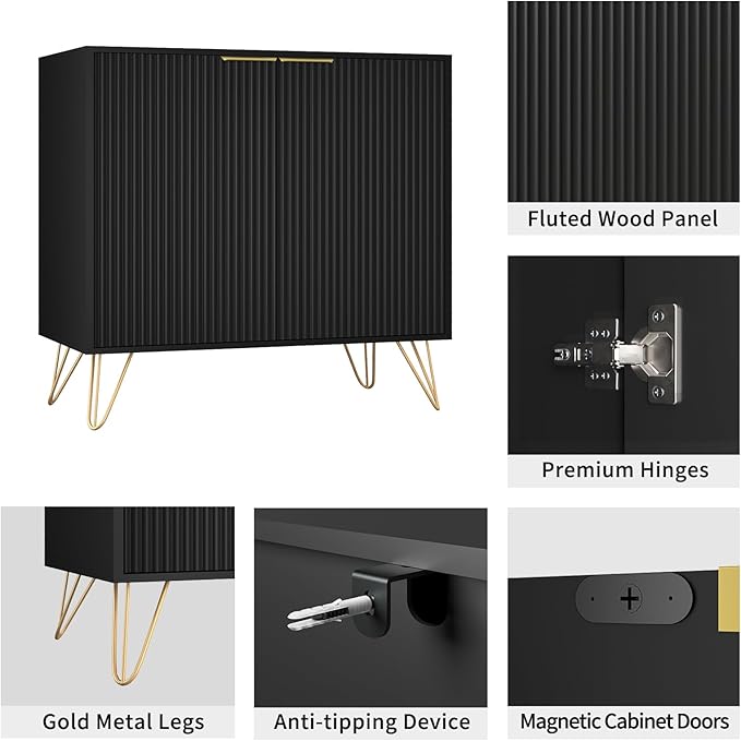 Fluted TV Stand for 90 Inch TV,Modern Black and Gold TV Stand,TV Console Entertainment Center with 3 Storage Cabinets,Adjustable Shelves & Gold Handles,Wood Media Cabinet for Living Room