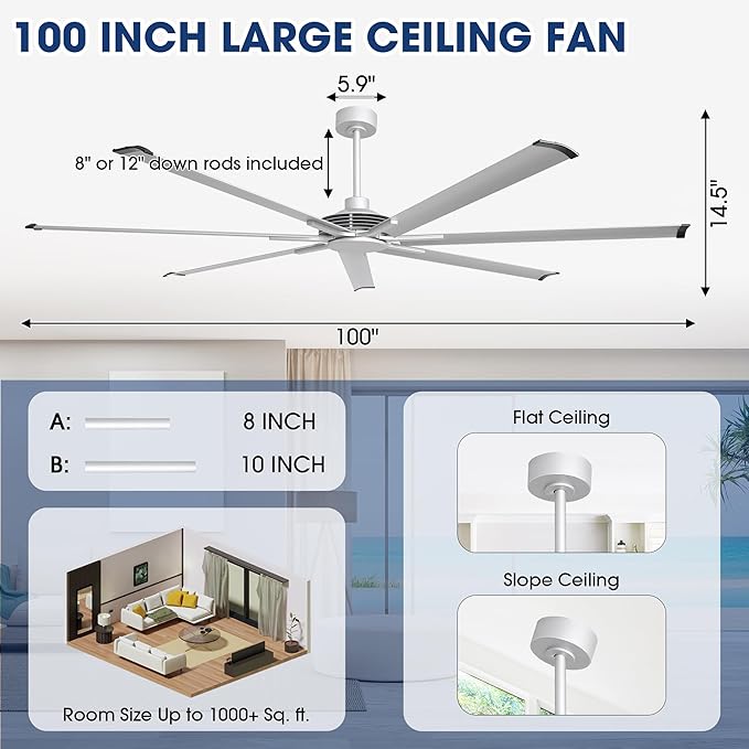100 Inch Ceiling Fans without Lights, Silver Industrial Large Ceiling Fan with Remote for Living Room Shop Garage Indoor Outdoor, 6 Speeds, DC Motor Reversible 7 Aluminum Blades, Ventilador De Techo