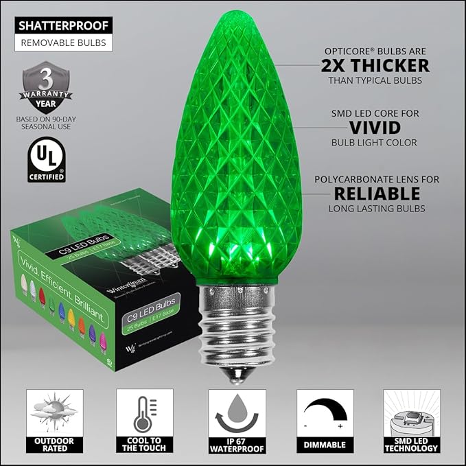 Wintergreen Lighting 50' OptiCore LED C9 Green Pathway Christmas Lights, Heavy Duty Bulbs for Driveway, Walkway Marker, 5" Commercial PathPRO Stakes, 18 Gauge Green Wire