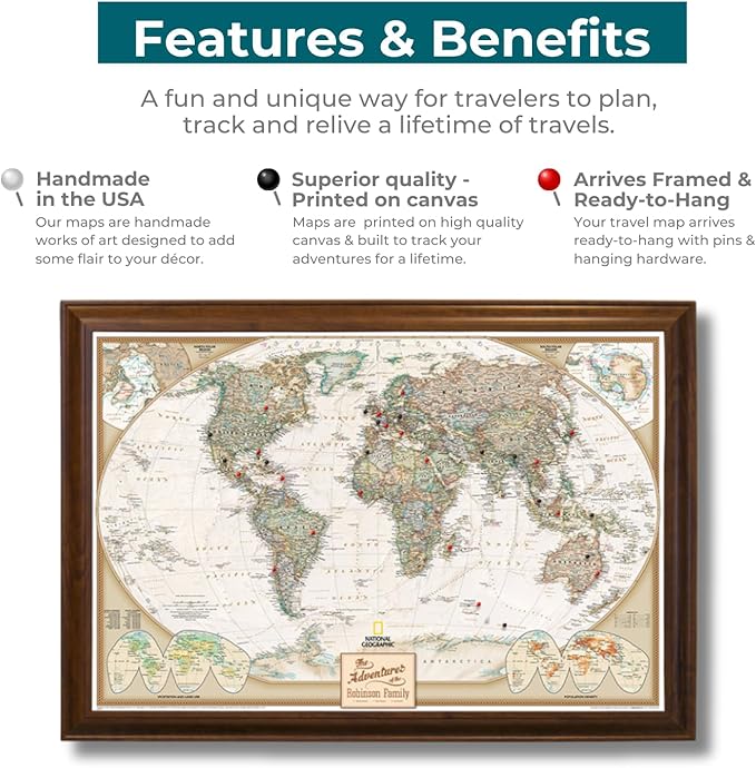 Canvas Executive World Map Pin Board – Framed Travel Map with Pins for Wall – Personalized Push Pin World Map for Tracking Journeys – 27.5" x 39.5" Brown Frame