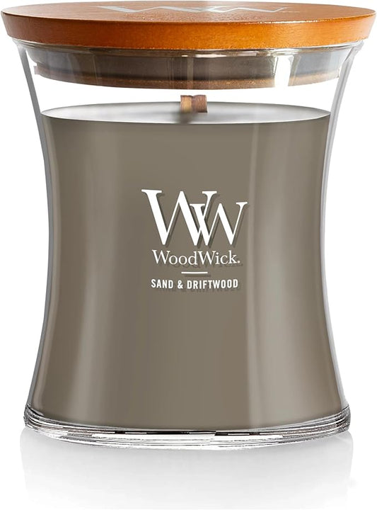 WoodWick Sand & Driftwood Gifts for Women and Men, 9.7 oz Medium Hourglass Candle with Crackling Wick